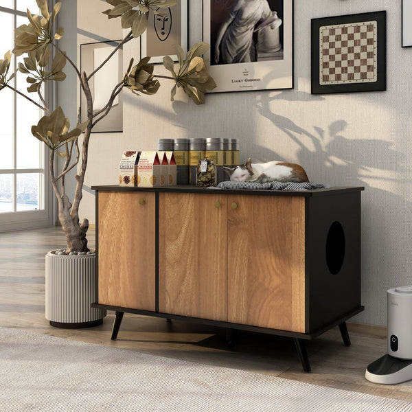 English Elm Litter Box Enclosure - Stylish Cat Furniture With Hidden Plug, Storage, And Triple-Door Access W42090255