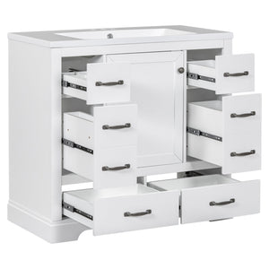 English Elm 36" Modern Bathroom Vanity with Ceramic Sink, Six Drawers, Adjustable Shelf, Solid Wood Build White SY999808AAK-6