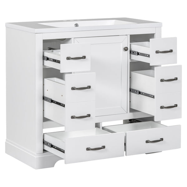 English Elm 36" Modern Bathroom Vanity with Ceramic Sink, Six Drawers, Adjustable Shelf, Solid Wood Build White SY999808AAK-6
