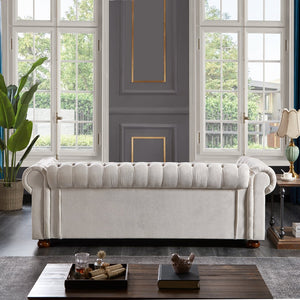 English Elm Chesterfield linen sofa with solid wood frame, deep tufted classic design, durable foam seats for 3 Beige W1097S00078