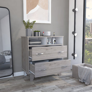 English Elm Portanova Two Drawer Dresser with Open Shelves and Elevated Legs, Compact Superior Top Storage Solution Gray 35.8 L x 20.1 W x 3.5 H B070S00070