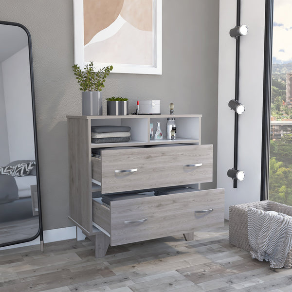 English Elm Portanova Two Drawer Dresser with Open Shelves and Elevated Legs, Compact Superior Top Storage Solution Gray 35.8 L x 20.1 W x 3.5 H B070S00070