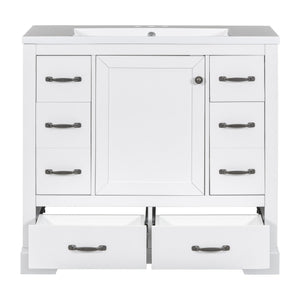English Elm 36" Modern Bathroom Vanity with Ceramic Sink, Six Drawers, Adjustable Shelf, Solid Wood Build White SY999808AAK-6