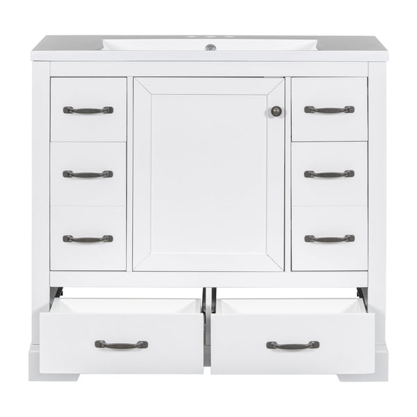English Elm 36" Modern Bathroom Vanity with Ceramic Sink, Six Drawers, Adjustable Shelf, Solid Wood Build White SY999808AAK-6