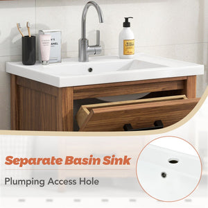 English Elm 24'' 24" Bathroom Vanity with Ceramic Basin, Vintage Wood Grain Gloss Countertop, 3-Drawer Storage Cabinet N710P243315P