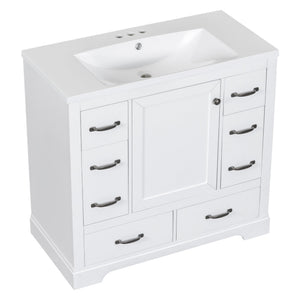 English Elm 36" Modern Bathroom Vanity with Ceramic Sink, Six Drawers, Adjustable Shelf, Solid Wood Build White SY999808AAK-6