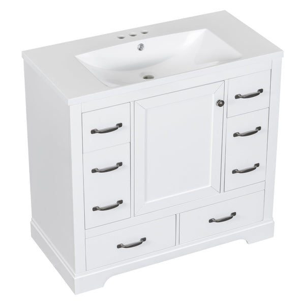 English Elm 36" Modern Bathroom Vanity with Ceramic Sink, Six Drawers, Adjustable Shelf, Solid Wood Build White SY999808AAK-6
