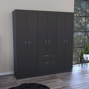 English Elm Mitu Six Doors Armoire with 7 Shelves, 3 Drawers & Dual Hanging Rods, Black Particleboard Storage Elegance B070S00210