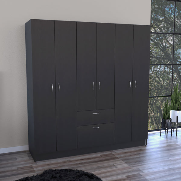 English Elm Mitu Six Doors Armoire with 7 Shelves, 3 Drawers & Dual Hanging Rods, Black Particleboard Storage Elegance B070S00210