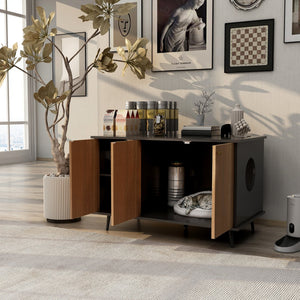 English Elm Litter Box Enclosure - Stylish Cat Furniture With Hidden Plug, Storage, And Triple-Door Access W42090255
