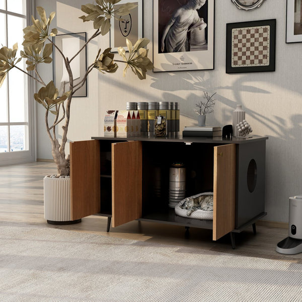 English Elm Litter Box Enclosure - Stylish Cat Furniture With Hidden Plug, Storage, And Triple-Door Access W42090255