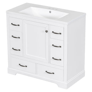 English Elm 36" Modern Bathroom Vanity with Ceramic Sink, Six Drawers, Adjustable Shelf, Solid Wood Build White SY999808AAK-6