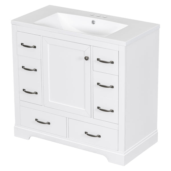English Elm 36" Modern Bathroom Vanity with Ceramic Sink, Six Drawers, Adjustable Shelf, Solid Wood Build White SY999808AAK-6