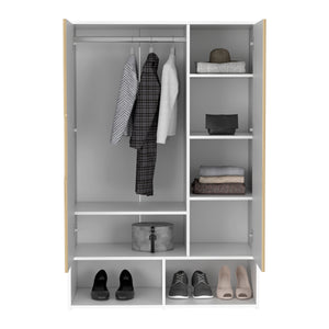 English Elm Rosie Mid-Size Armoire Wardrobe with Hanging Rod, Six Shelves, Double Doors, Light Oak/White Finish B200S00159