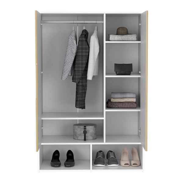 English Elm Rosie Mid-Size Armoire Wardrobe with Hanging Rod, Six Shelves, Double Doors, Light Oak/White Finish B200S00159