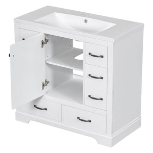 English Elm 36" Modern Bathroom Vanity with Ceramic Sink, Six Drawers, Adjustable Shelf, Solid Wood Build White SY999808AAK-6