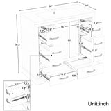 English Elm 36" Bathroom Vanity With Sink Combo, Six Drawers, Multi-Functional Drawer Divider, Adjustable Shelf, White