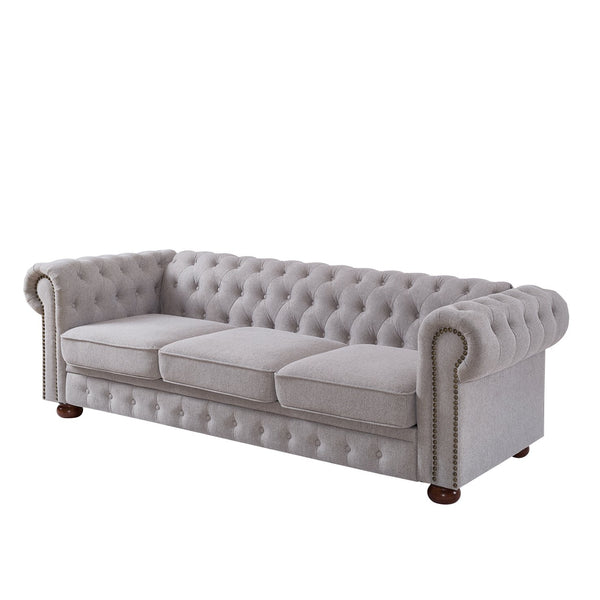 English Elm Chesterfield linen sofa with solid wood frame, deep tufted classic design, durable foam seats for 3 LIGHT GREY W1097S00079