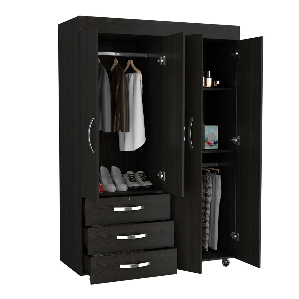 English Elm Denver 68" Mobile Armoire with Hanging Rods, Double Door Cabinet, 3 Drawers & 2 Shelves Black B070S00201