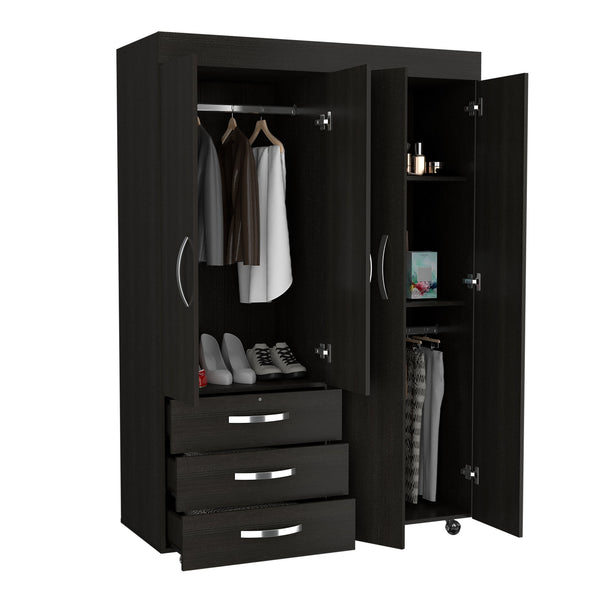 English Elm Denver 68" Mobile Armoire with Hanging Rods, Double Door Cabinet, 3 Drawers & 2 Shelves Black B070S00201