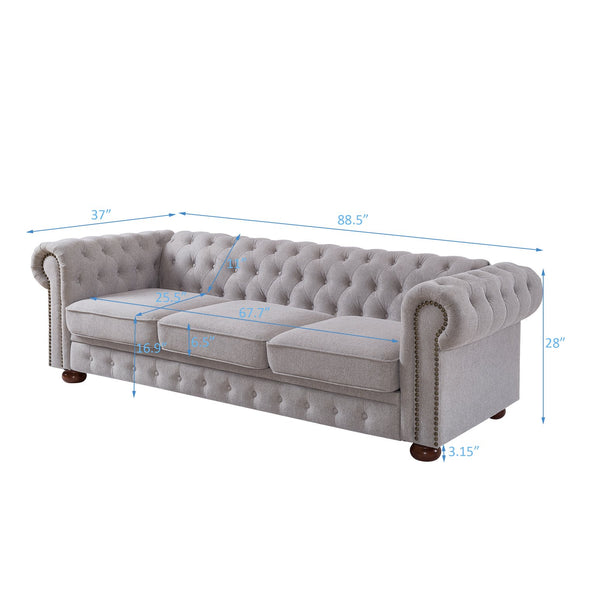English Elm Chesterfield linen sofa with solid wood frame, deep tufted classic design, durable foam seats for 3 LIGHT GREY W1097S00079