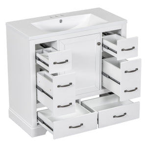 English Elm 36" Modern Bathroom Vanity with Ceramic Sink, Six Drawers, Adjustable Shelf, Solid Wood Build White SY999808AAK-6