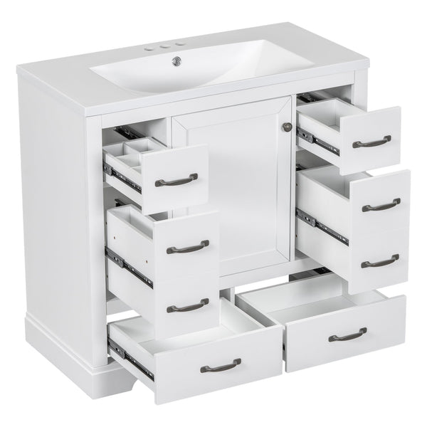 English Elm 36" Modern Bathroom Vanity with Ceramic Sink, Six Drawers, Adjustable Shelf, Solid Wood Build White SY999808AAK-6