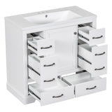 English Elm 36" Bathroom Vanity With Sink Combo, Six Drawers, Multi-Functional Drawer Divider, Adjustable Shelf, White