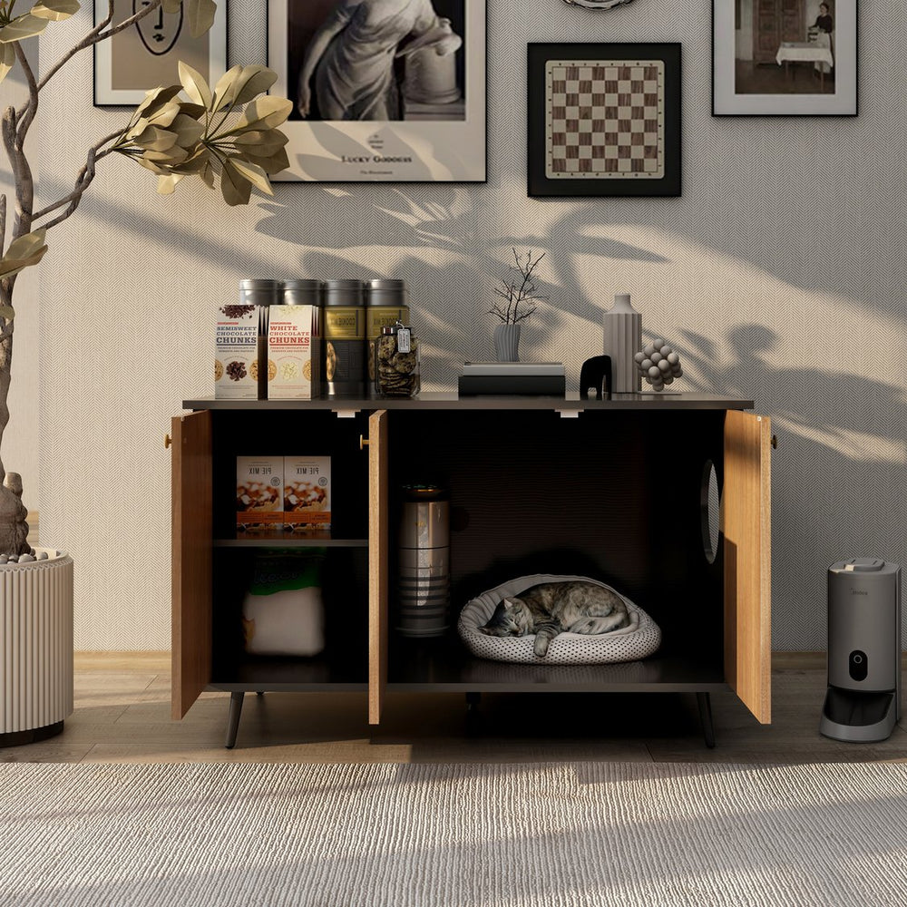 English Elm Litter Box Enclosure - Stylish Cat Furniture With Hidden Plug, Storage, And Triple-Door Access W42090255