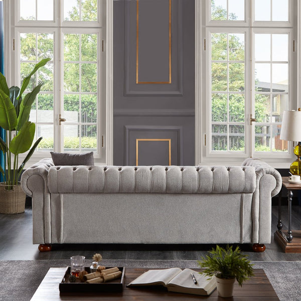 English Elm Chesterfield linen sofa with solid wood frame, deep tufted classic design, durable foam seats for 3 LIGHT GREY W1097S00079