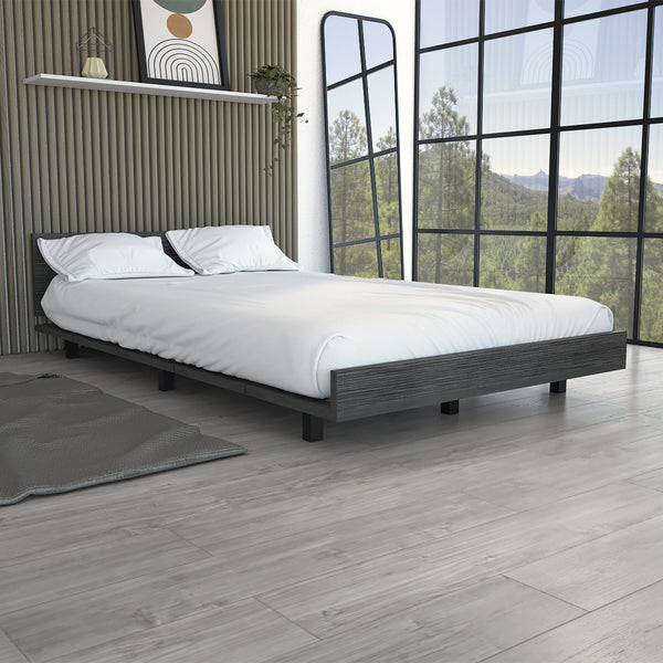 English Elm Kaia Twin Bed Base with Headboard in Smokey Oak — Built‑in Cabinet, 3 Drawers, 3-Tier Shelves & Handles Smoke Grey 56 L x 20 W x 3 H B070S00213