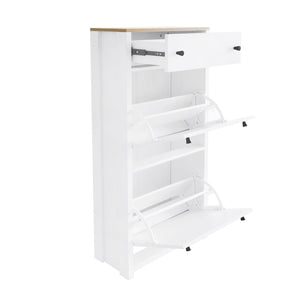 English Elm On-trend White Entryway Shoe Cabinet with Flip Drawers and Wood Grain Veneer Top WF308547AAK