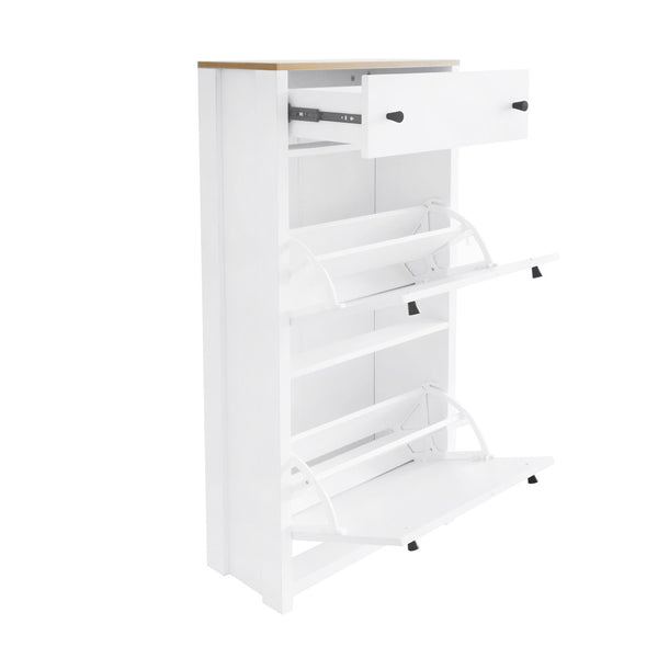 English Elm On-trend White Entryway Shoe Cabinet with Flip Drawers and Wood Grain Veneer Top WF308547AAK