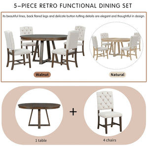 English Elm Trexm Mid-century Extendable Round Dining Set Acacia Veneer Table Four Tufted Chairs ST000094AAD