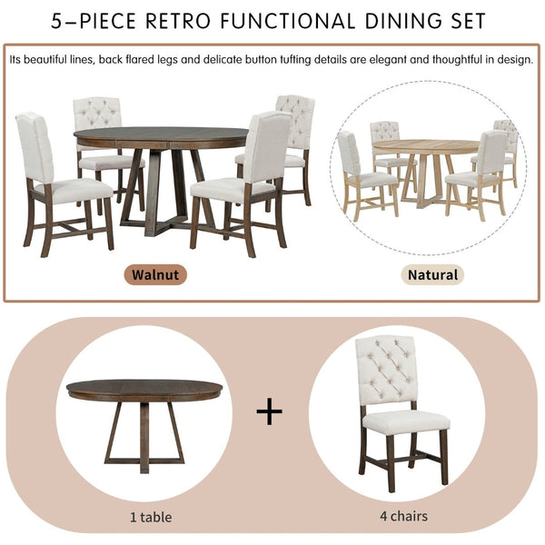 English Elm Trexm Mid-century Extendable Round Dining Set Acacia Veneer Table Four Tufted Chairs ST000094AAD