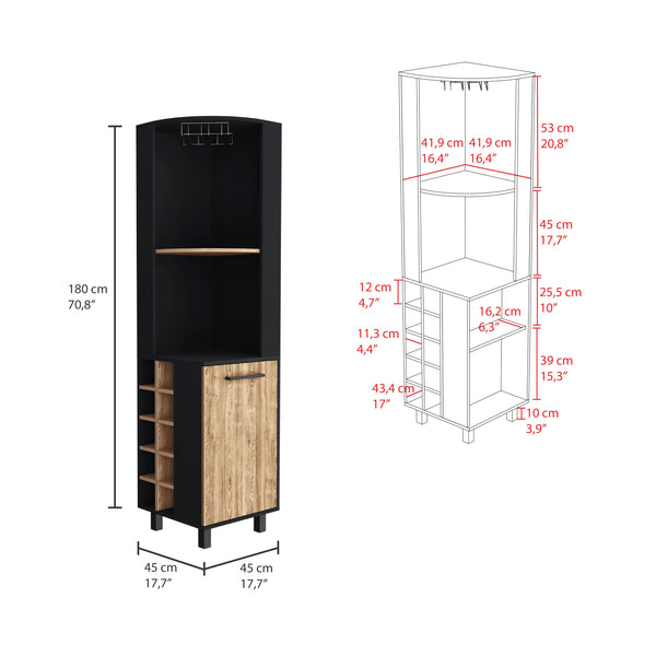 English Elm Kaia Corner Bar Cabinet with 10-Bottle Cubbies, Stemware Rack for 8, Two Shelves, Black/Pine B200S00040