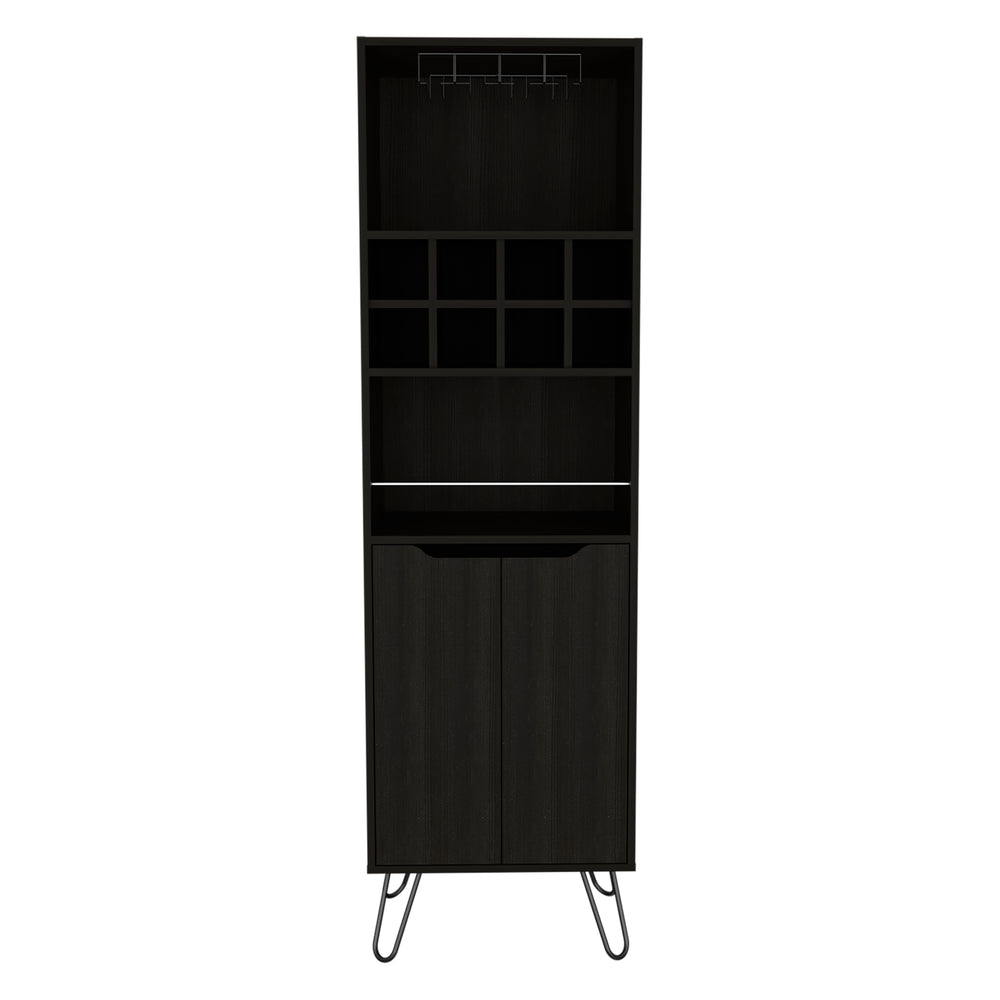 English Elm Manhattan Black Tall Bar Cabinet with 8 Wine Cubbies, Slanted Steel Legs, Glassware Storage, Modern Design B200S00055