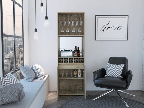 English Elm Prana Light Oak Bar Cabinet with Wine Glass Rack, Five Bottle Cubbies, Two Shelves, 70.8" High B200S00072