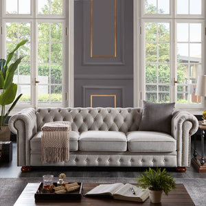 English Elm Chesterfield linen sofa with solid wood frame, deep tufted classic design, durable foam seats for 3 LIGHT GREY W1097S00079
