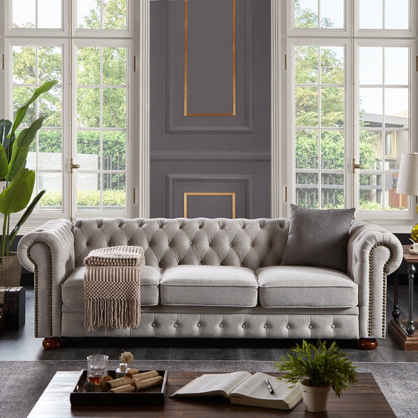 English Elm Chesterfield linen sofa with solid wood frame, deep tufted classic design, durable foam seats for 3 LIGHT GREY W1097S00079