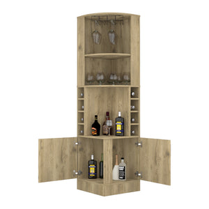 English Elm Syrah Corner Bar Cabinet with 8 Bottle Cubbies, 12-Glass Rack, Double Doors & Display Shelf for Home Spirits Old Pine 46 L x 23 W x 6 H B070P211048