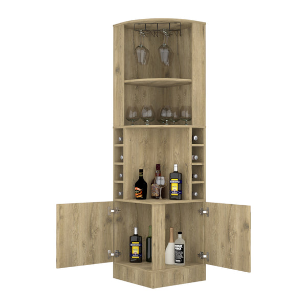 English Elm Syrah Corner Bar Cabinet with 8 Bottle Cubbies, 12-Glass Rack, Double Doors & Display Shelf for Home Spirits Old Pine 46 L x 23 W x 6 H B070P211048