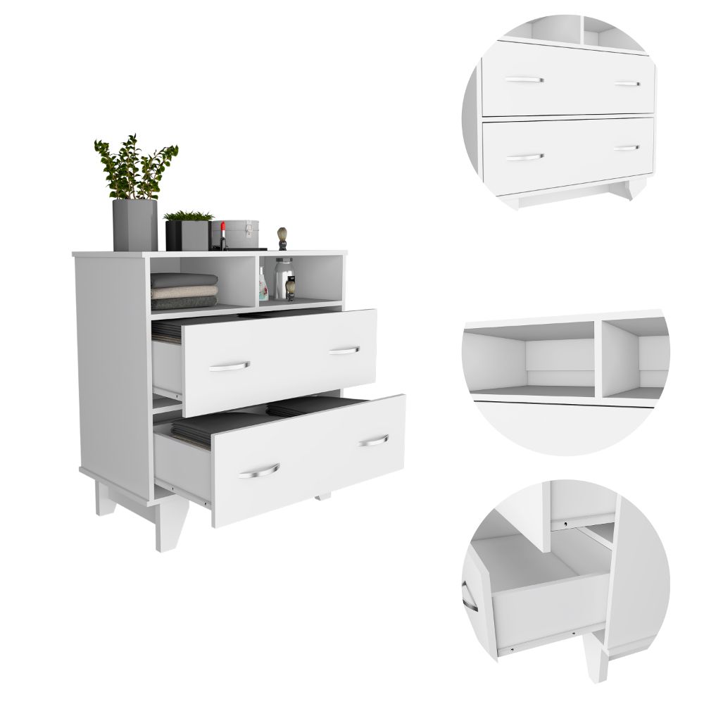 English Elm Portanova Two Drawer Dresser with Open Shelves and Elevated Legs, Compact Superior Top Storage Solution White 36.2 L x 20.9 W x 5.9 H B070S00071