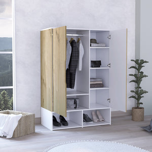 English Elm Rosie Mid-Size Armoire Wardrobe with Hanging Rod, Six Shelves, Double Doors, Light Oak/White Finish B200S00159