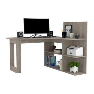 English Elm Masai L-Shaped Writing Desk With 5 Open Shelves - Modern Light Gray Finish For Home Office B200S00057