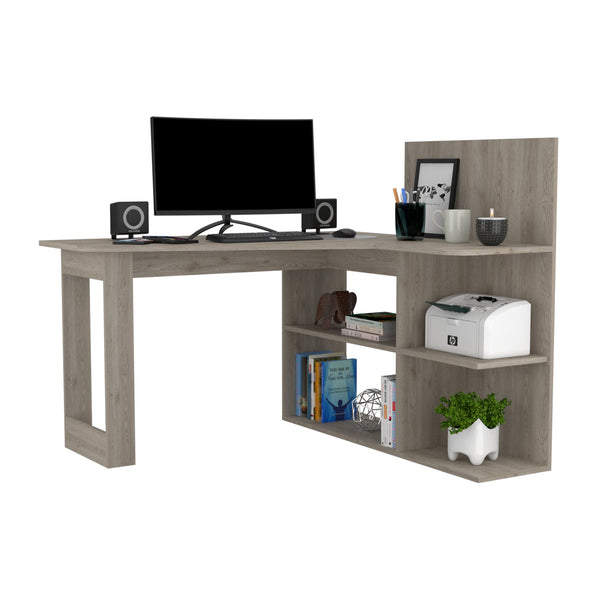 English Elm Masai L-Shaped Writing Desk With 5 Open Shelves In Light Gray – Perfect For Modern Home Offices! B070S00057