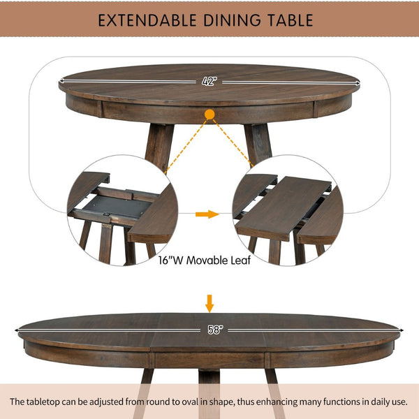 English Elm Trexm Mid-century Extendable Round Dining Set Acacia Veneer Table Four Tufted Chairs ST000094AAD