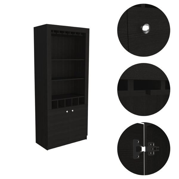 English Elm Montenegro Tall Black Bar Cabinet with Wine Storage Open Shelving and Glass Rack B070S00343