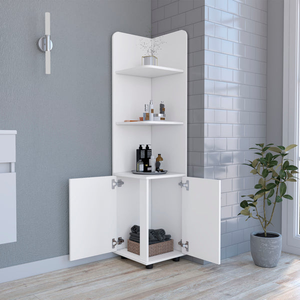 English Elm Malibu Freestanding Linen Cabinet with 2 Doors & 3 Open Shelves, White Particle Board, Corner-Friendly Design B07092128