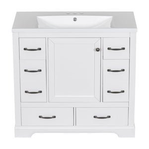 English Elm 36" Modern Bathroom Vanity with Ceramic Sink, Six Drawers, Adjustable Shelf, Solid Wood Build White SY999808AAK-6